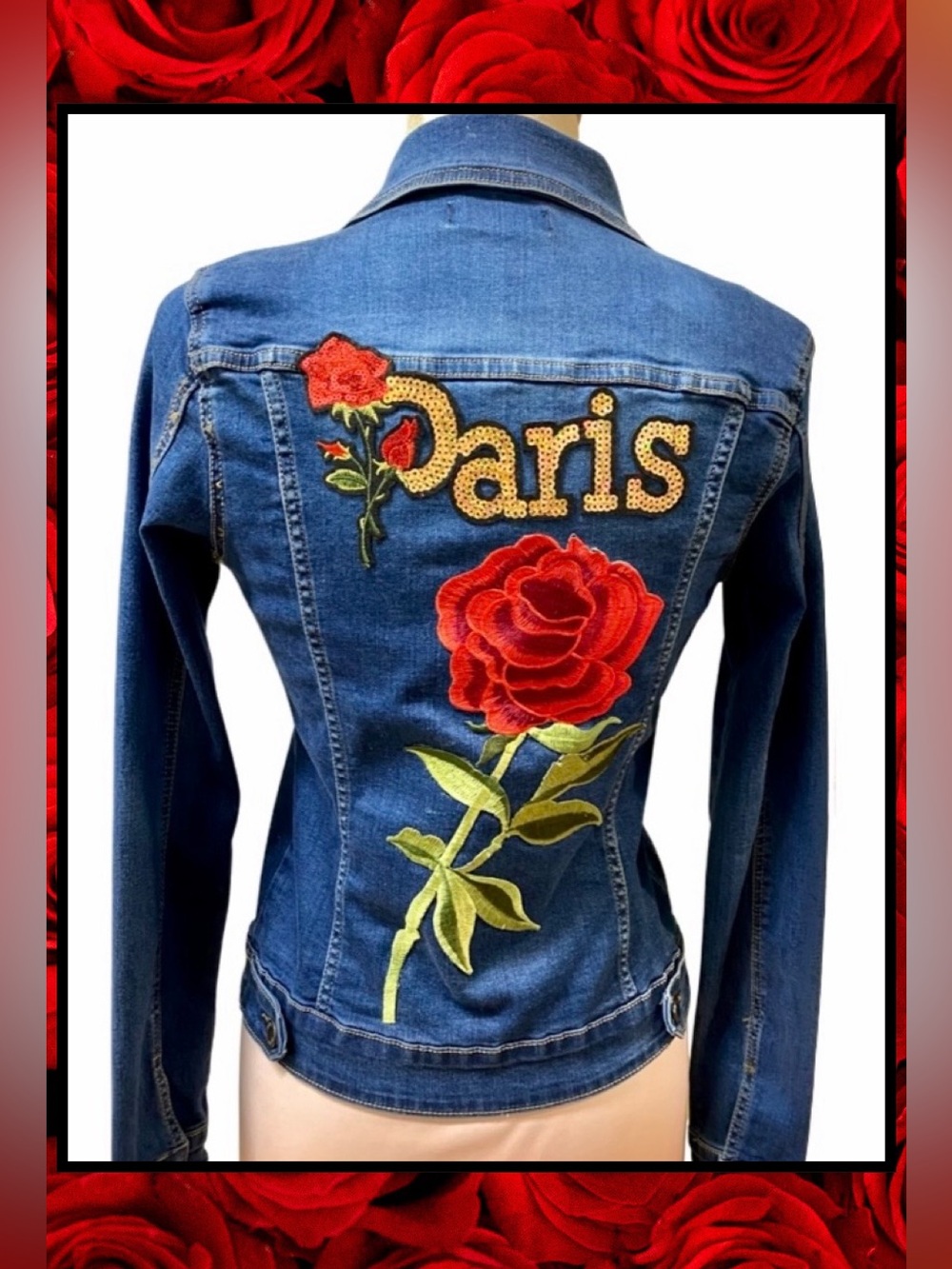 Artisan Stretch Denim Jean Jacket Sequin Paris Red Roses Appliques NEW Sz M